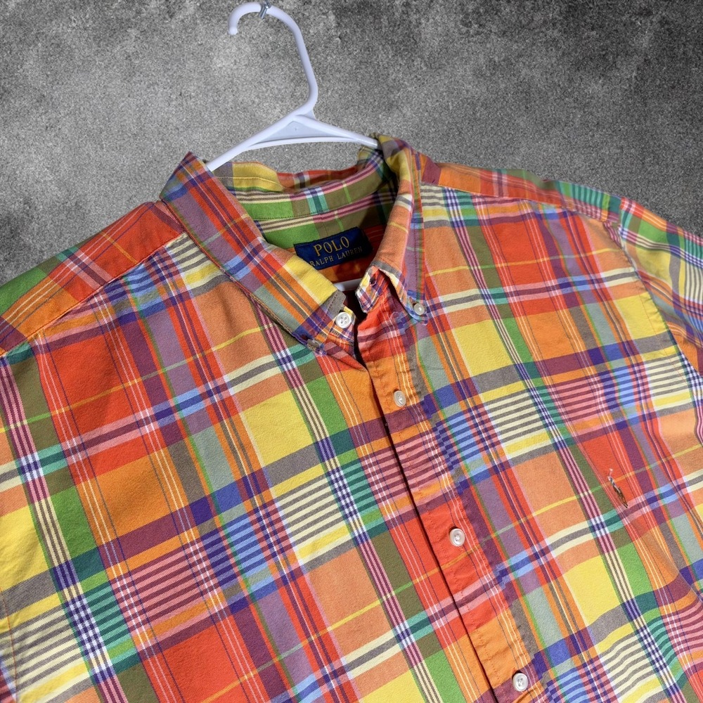 Polo Ralph Lauren Mens Orange Madras Plaid Short Sleeve Button Down Shirt Preppy